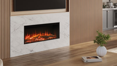 A 48" Medium Premium Electric fireplace with advanced features that can be installed as a 1-sided linear, 2-sided corner, 3-sided bay