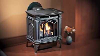 Small freestanding gas stove with a standing pilot light. Transform a room with this beautiful cast iron direct vent gas stove which is available in two finishes.