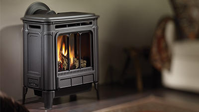 Medium freestanding gas stove with a standing pilot light. Transform a room with this beautiful cast iron direct vent gas stove which is available in two finishes.